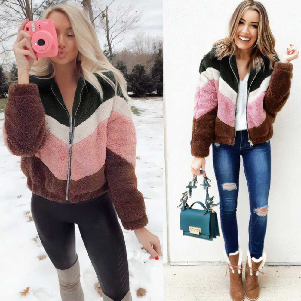 Colorblock Rainbow Chevron Fuzzy Faux Fur Jacket