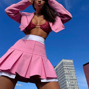 Preppy Contrast Collared Single Breasted Cropped Blazer And Pleated Mini Skirt