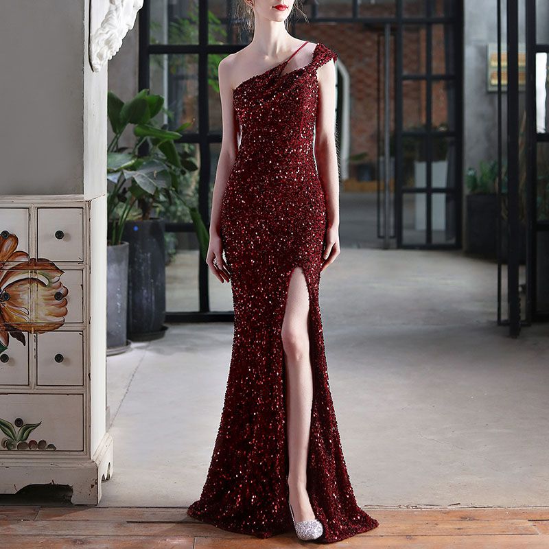 Glitter Sequin One Shoulder Sling Mermaid Prom Split Maxi Dress Bridemaid Gowns