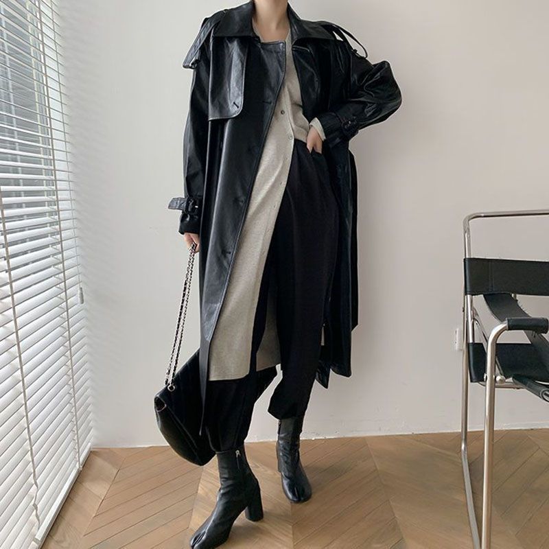 Double Breasted Full Length Black Patent Faux Leather Trench Coat