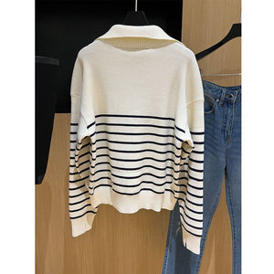 Soft Comfy Colour Block Stripes Polo Knitted Zip Pullover Sweater