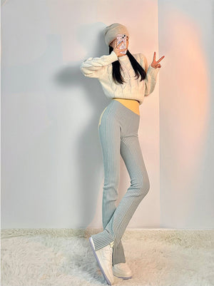 Color Block Ribbed Cropped Cardigan And Striped Lounge Pants Set