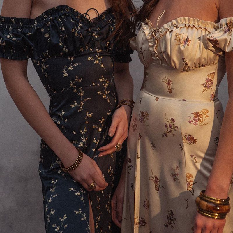 Vintage Floral Afternoon Tea Garden Off Shoulder High Slit Cottage Core Dress