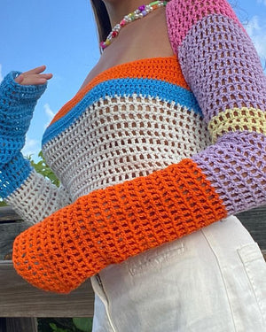 Rainbow Color Block Crochet Knitted Crop Long Sleeve Hollow Out Knit Blouse