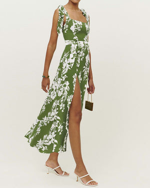Retro Garden Tie Shoulder Spaghetti Midi Dress With Slit