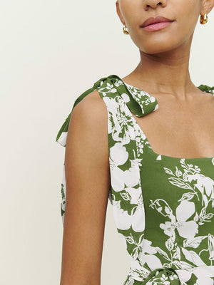 Retro Garden Tie Shoulder Spaghetti Midi Dress With Slit