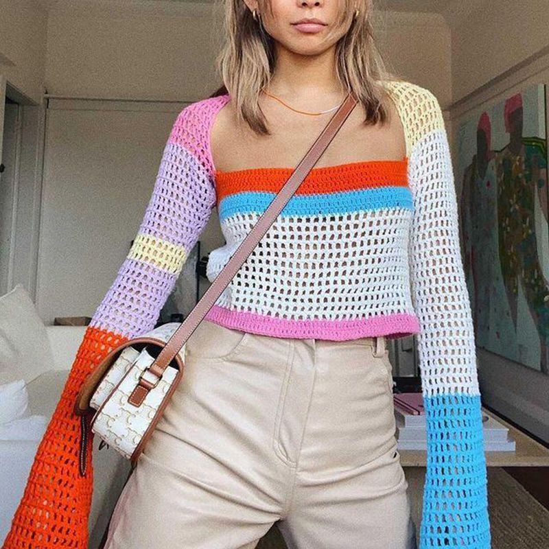 Rainbow Color Block Crochet Knitted Crop Long Sleeve Hollow Out Knit Blouse