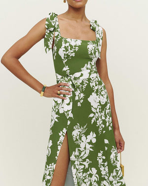 Retro Garden Tie Shoulder Spaghetti Midi Dress With Slit