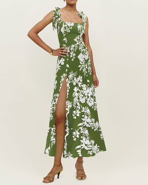Retro Garden Tie Shoulder Spaghetti Midi Dress With Slit