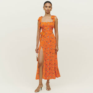 Retro Garden Tie Shoulder Spaghetti Midi Dress With Slit