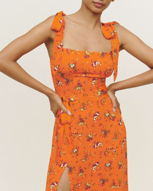 Retro Garden Tie Shoulder Spaghetti Midi Dress With Slit
