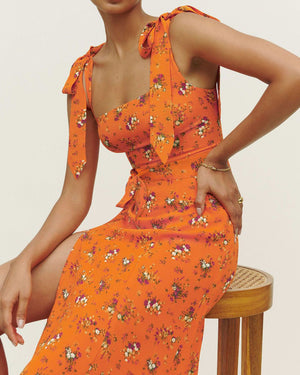 Retro Garden Tie Shoulder Spaghetti Midi Dress With Slit