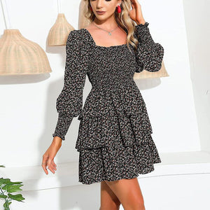 Square Neck Shirring Tiered Frill Layered Mini Dress Puff Sleeves