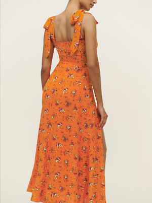 Retro Garden Tie Shoulder Spaghetti Midi Dress With Slit