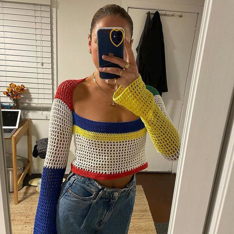 Rainbow Color Block Crochet Knitted Crop Long Sleeve Hollow Out Knit Blouse