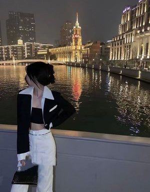 Preppy Contrast Collared Single Breasted Cropped Blazer And Pleated Mini Skirt