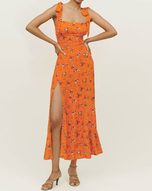 Retro Garden Tie Shoulder Spaghetti Midi Dress With Slit