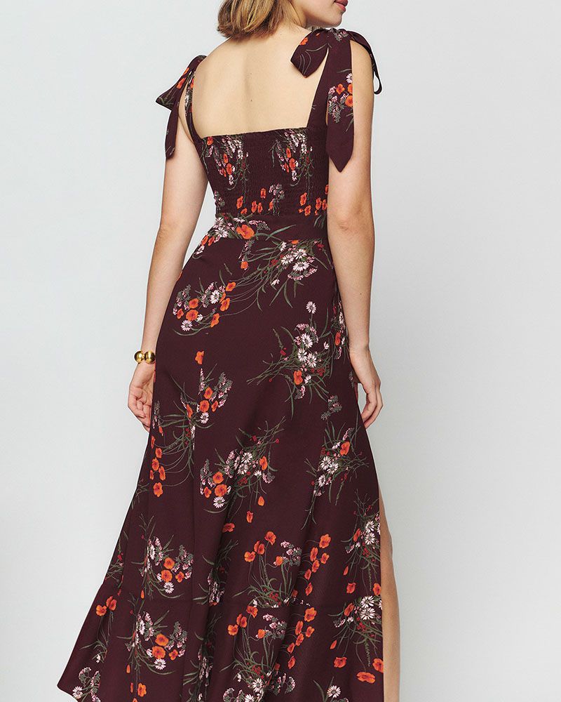Retro Garden Tie Shoulder Spaghetti Midi Dress With Slit