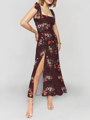 Retro Garden Tie Shoulder Spaghetti Midi Dress With Slit