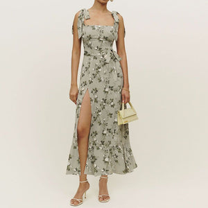 Retro Garden Tie Shoulder Spaghetti Midi Dress With Slit