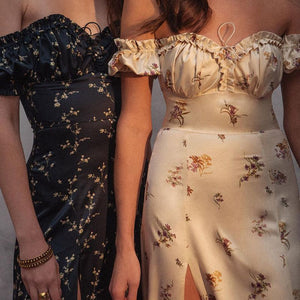 Vintage Floral Afternoon Tea Garden Off Shoulder High Slit Cottage Core Dress