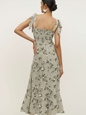 Retro Garden Tie Shoulder Spaghetti Midi Dress With Slit