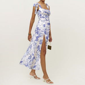 Retro Garden Tie Shoulder Spaghetti Midi Dress With Slit