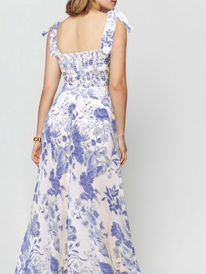 Retro Garden Tie Shoulder Spaghetti Midi Dress With Slit