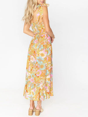 Retro Garden Tie Shoulder Spaghetti Midi Dress With Slit