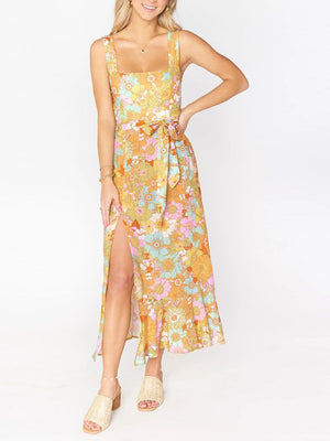 Retro Garden Tie Shoulder Spaghetti Midi Dress With Slit