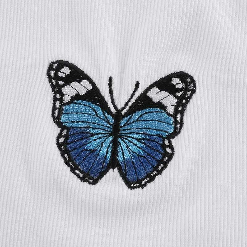 Colorful Butterfly Embroidered Ribbed Cotton Tank Top Crop Top
