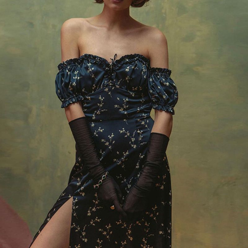 Vintage Floral Afternoon Tea Garden Off Shoulder High Slit Cottage Core Dress