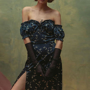 Vintage Floral Afternoon Tea Garden Off Shoulder High Slit Cottage Core Dress