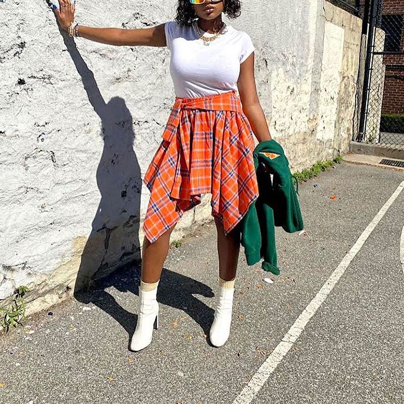 Color Block Check Swing Irregular Midi Skirt For College Outfit