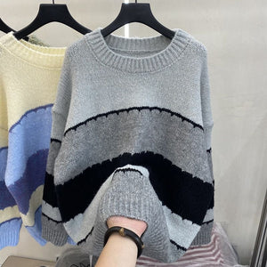 Contrast Striped Knit Crewneck Jumper Sweater Ribbed