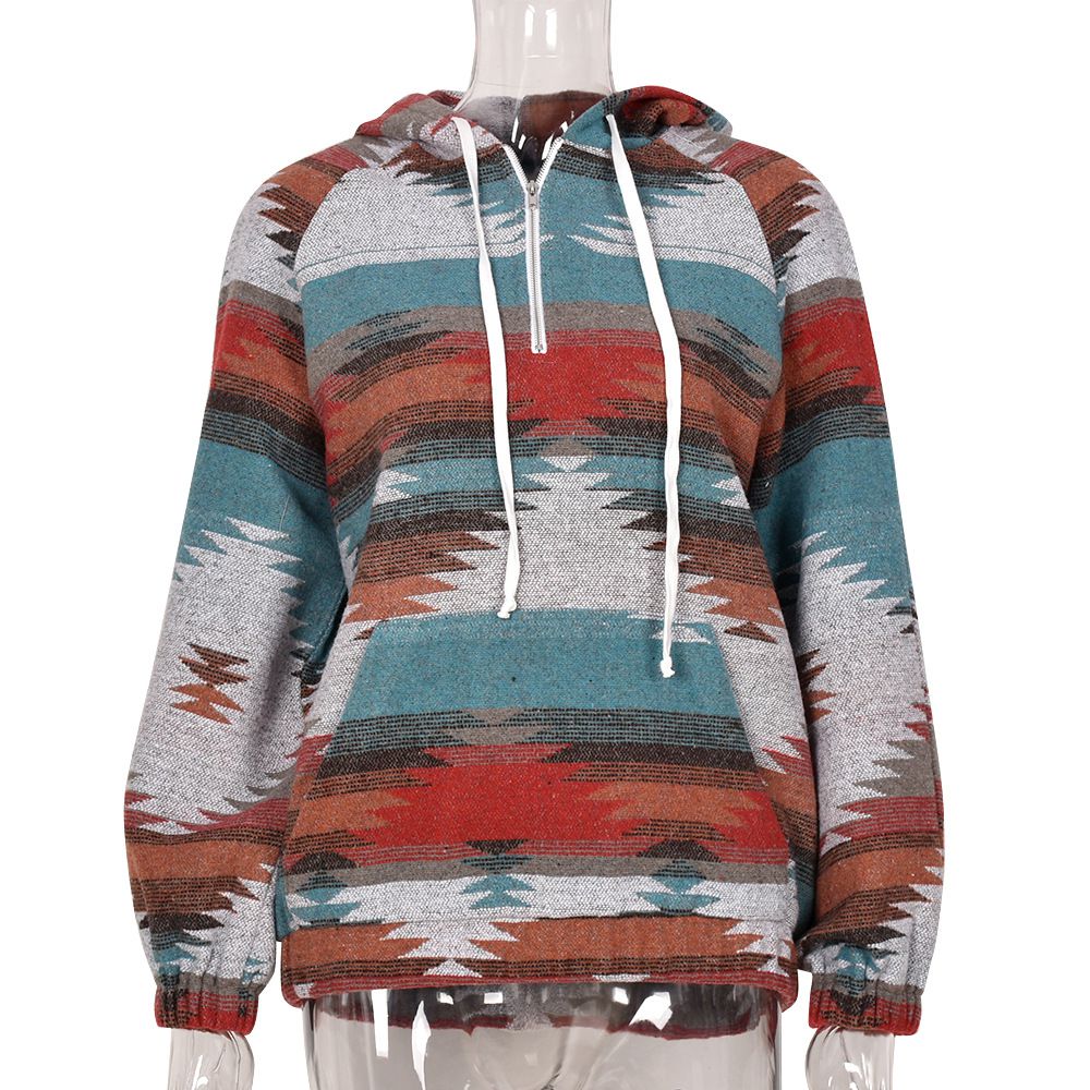 Aztec Southwest Pattern Hooded Sweatshirt Oversized Color Block Hoodies