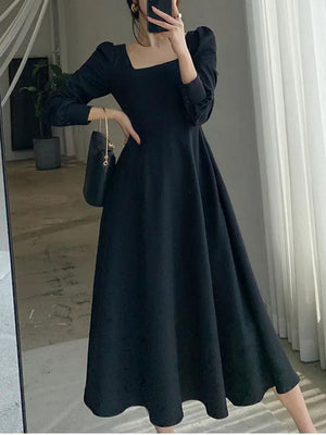 All Black Slim Puff Long Sleeve Square Neck A Line Midi Dresses That Hide Belly