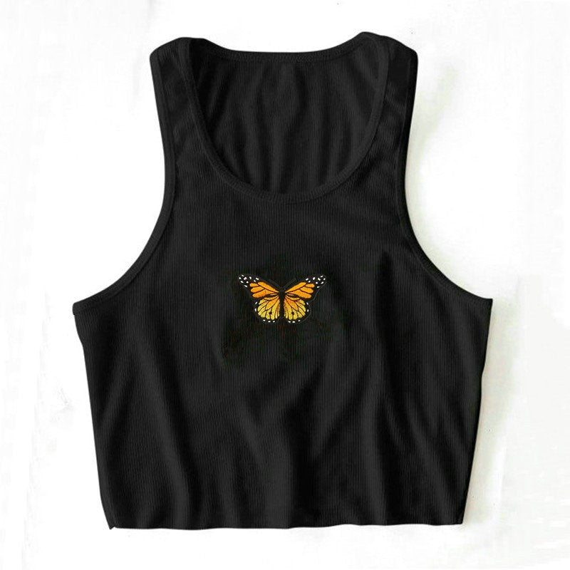 Colorful Butterfly Embroidered Ribbed Cotton Tank Top Crop Top