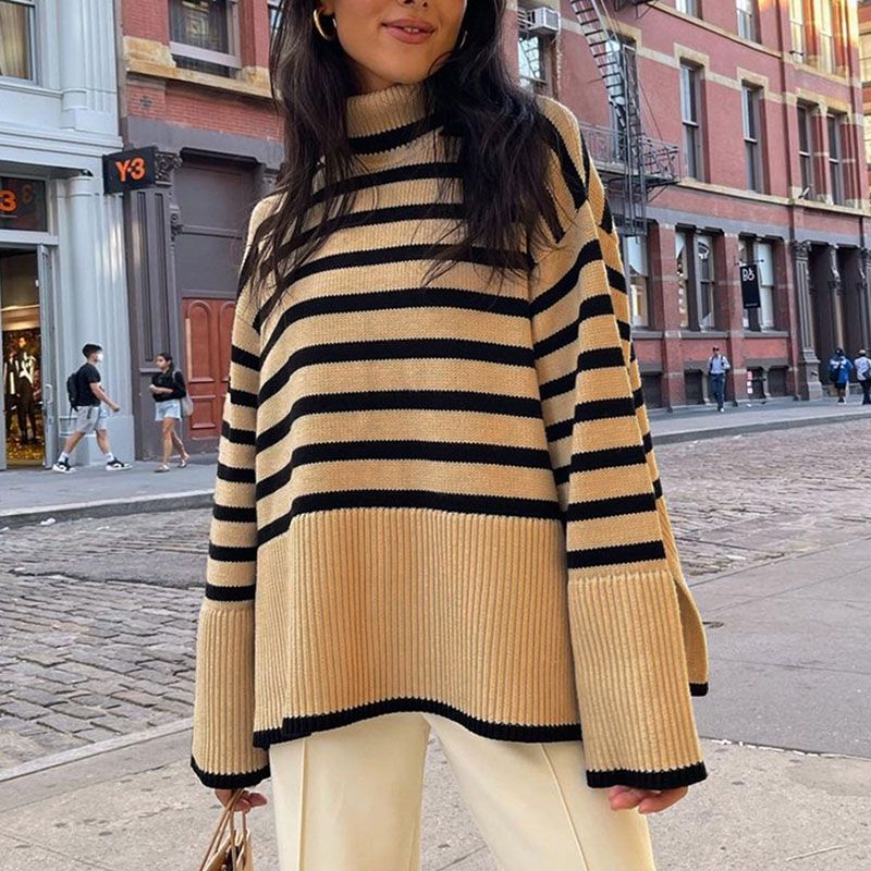 Oversized Baggy Block Striped Wool Cotton Blend Turtleneck Sweater With Slit