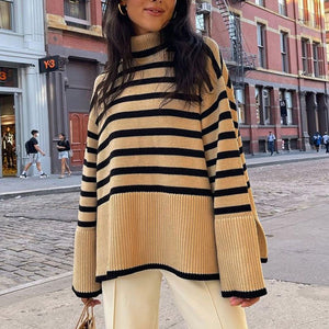 Oversized Baggy Block Striped Wool Cotton Blend Turtleneck Sweater With Slit