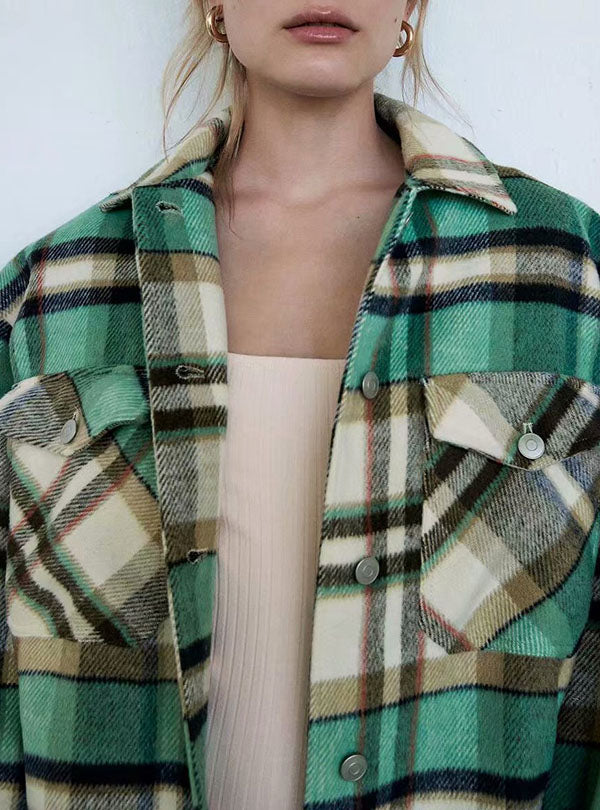 Classic Thick Colorblock Checked Button Down Shirt Jacket Woolen