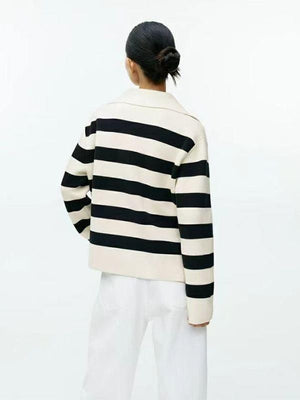 Relaxed Boxy Fit Striped Collared Polo Shirt V-Neck Knit Cotton Jumper Sweater