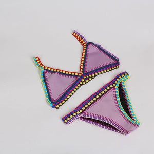 Pastel Rainbow Bohemian Trim Crochet Bathing Suit Swimsuit Sets