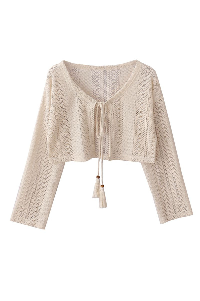 Bohemian Hollow Tie Front Crochet Knit Lightweight Cropped Cardigan