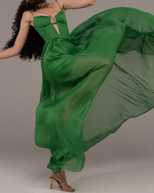 Slip Spaghettie Deep V Neck Cut Out Bustier Pleated Floor Length Gown Dress
