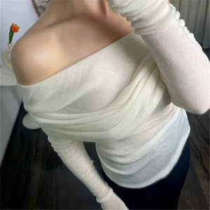 Cozy Rib Knitted Draped Off The Shoulder Top Blouse