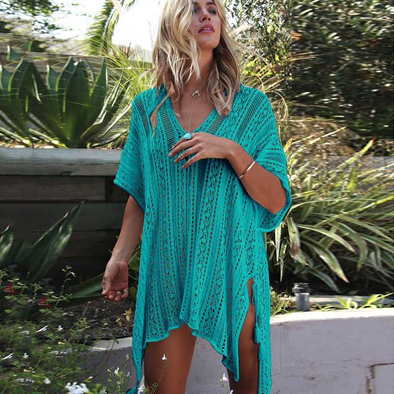 Handmade Boho Crochet Knitted Short White Beach Cover Ups Dress