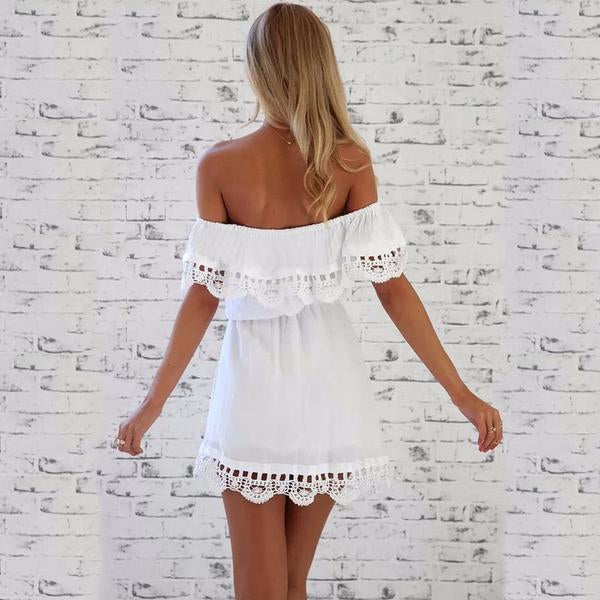 Lace Trimed Off The Shoulder White Mini-Dress Flowy