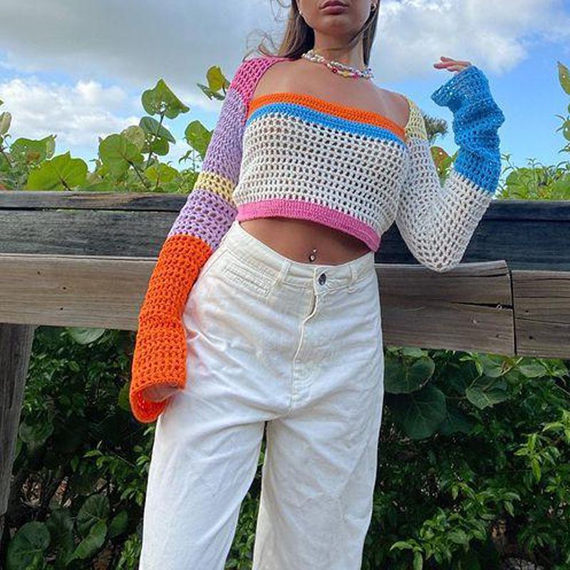 Rainbow Color Block Crochet Knitted Crop Long Sleeve Hollow Out Knit Blouse