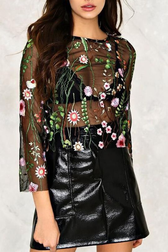 Bohemian Floral Embroidered Black Mesh Crop Top